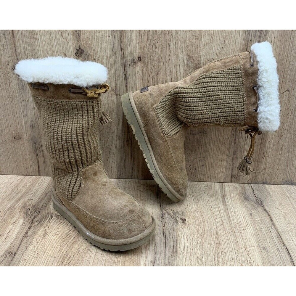 UGG AUSTRALIA Sock Boots Girls 3 Brown Suede Leather & Textile Fur String 5921